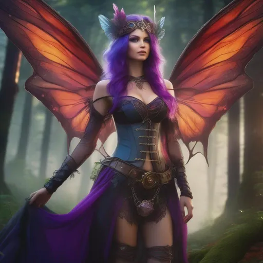 Prompt: Epic. Cinematic. Shes a colorful, Steam Punk, gothic, witch. ((spectacular)), Winged fairy, with a skimpy, ((colorful)), gossamer, flowing outfit, standing in a forest by a village. ((Wide angle)). Detailed Illustration. 8k.  Full body in shot. (Hyper real painting). Photo real. A ((beautiful)), very shapely, woman with ((anatomically real hands)), and ((vivid)) colorful, ((bright)) eyes. A ((pristine)) Halloween night. (Concept style art). 