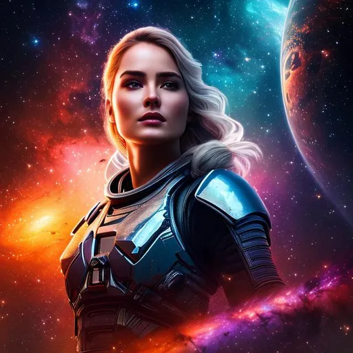 Prompt: create photograph of most beautiful fictional elite female space soldier, extremely detailed face, space and planets an nebulae in sky highly detailed, extremely detailed environment, extremely detailed background, intricate, extremely detailed skin, natural colors , professionally color graded, photorealism, 8k, realistic, moody lighting, ambience lighting