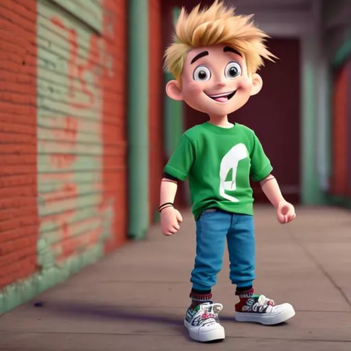 Prompt: cartoon boy with a green shirt, blue jeens, and red shoes, blond hair ,with a smile.
