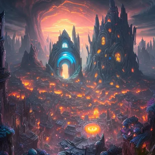 Prompt: a crowded distopian city landscape with a glowing portal opening up into a fantasy realm 
