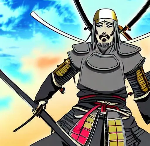 Prompt: Anime war scene graphic High detail Samurai warrior crusaders with Jesus Christ as depicted in the book of  revaltion coming out of heaven gathering his chosen to ride against the enemy Satan and his fallen cyberpunk ninjas