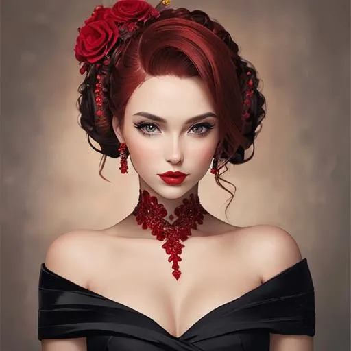 Prompt: Beautiful woman portrait wearing red,elaborate updo hairstyle adorned with flowers