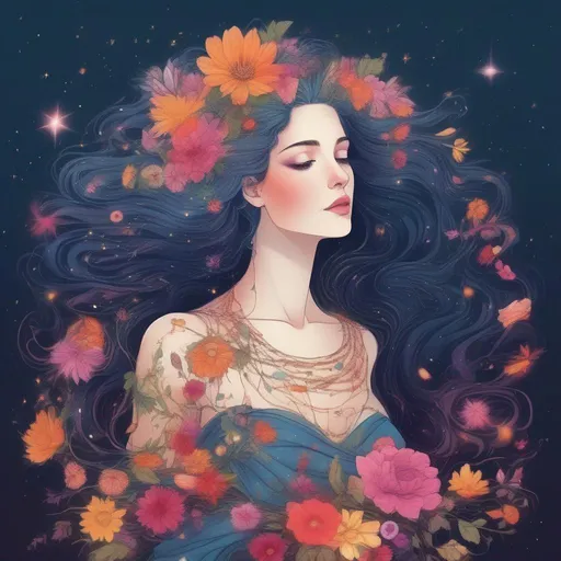 Prompt: Colorful and beautiful Persephone with hair that is made out of the stars and flowers