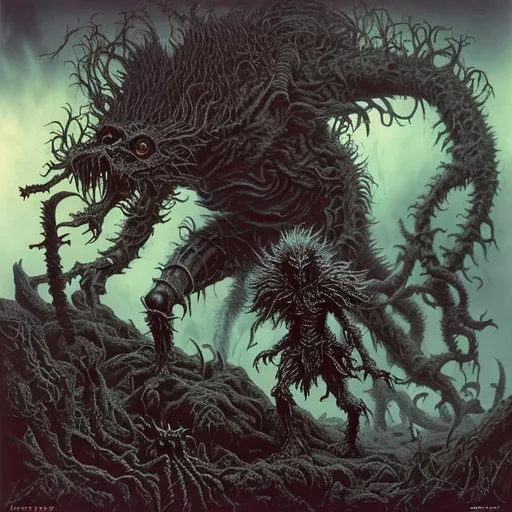 Prompt:  in the style 80's metal album cover , outsider "he who walks behind" knight of the lord of slowest terror, multiple fur-scale covered limbs could be seen in the vague form of a human