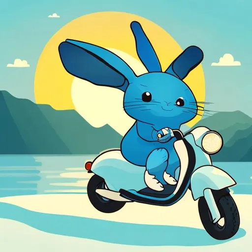 illustration of a blue rabbit, riding a scooter near... | OpenArt