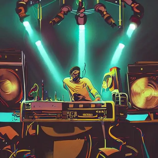 Prompt: “A DJ man playing records while large crowd of people are dancing wildly in a room full of electronic steampunk equipment with lots of electric wires and large loudspekers and audio meters. Artstation. Bright spotlights and strobo lights. Dark, highly detailed. In a style of Mike Savad.”