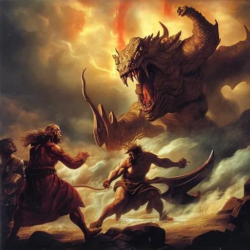 Prompt: Moses fights behemoth at Armageddon 