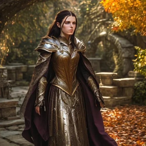 Prompt: A hyperrealistic photo of a beautiful, slender dark-haired female walking through Rivendell, dressed in fine armored robes during autumn, highly detailed, vivid colors
