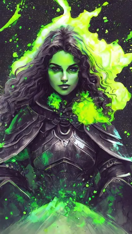 Prompt: a Caucasian woman with long curly hair in black crusader armor resting on her sword in the middle of a dark crater filled with glowing green acid. the sky is dark and she is surrounded by glowing green mist. Behance hd,