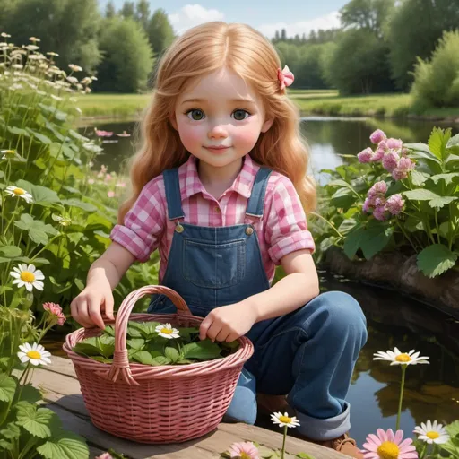 Prompt: cartoon photograph little light strawberry blonde long haired hazel eyes girl wearing rolled-up denim overalls and a pink checked shirt gathering wildflowers and placing them in her wicker garden basket near a large pond filled with plants and vegetation 