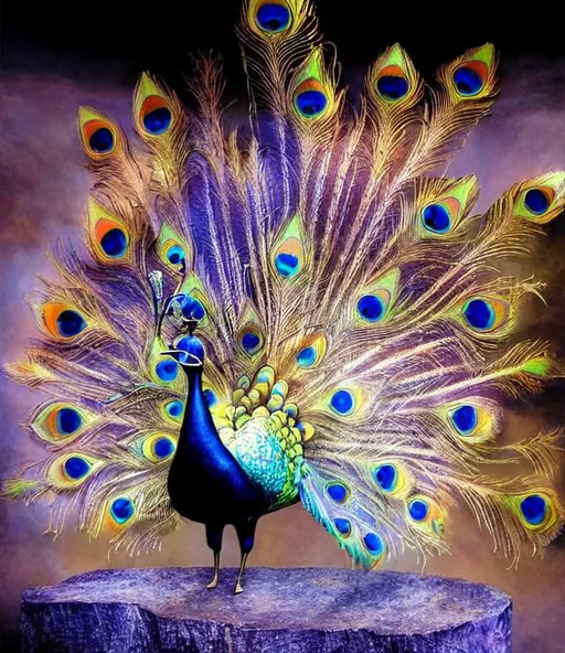 Prompt: An electric glowing steampunk peacock. By gediminas pranckevicius, Dali, j. Allen St John. Highly detailed. Intricate details. Best quality. 3d.