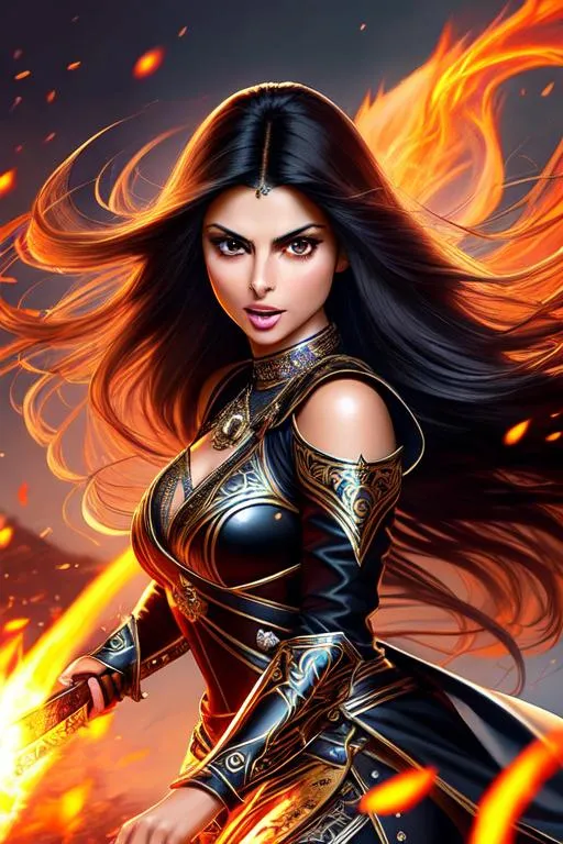 Prompt: {Mix of Morena Baccarin and victoria justice with long black flowing hair}, high resolution faces, mouth open wide, rage face, fire in eyes, wearing shining plate, engaged in combat, medieval sword fighting, ornate armor, hypermaximalist, elegant, ornate, hyper realistic, anime, dramatic, digital painting, artstation, smooth, sharp focus, dark medieval castle, full body shot, high resolution, dungeons and dragons