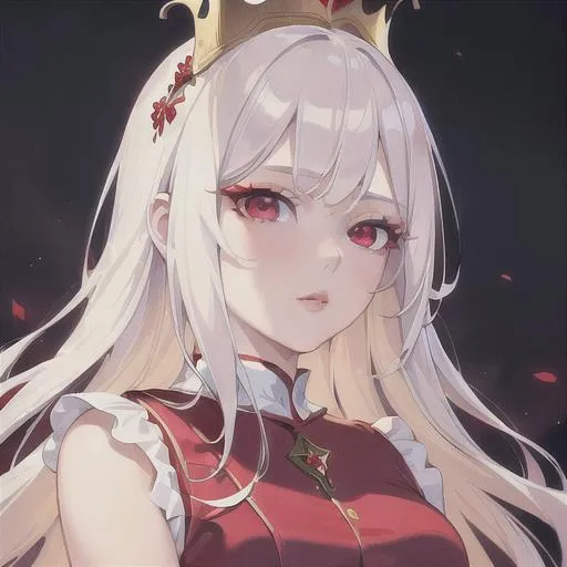 Prompt: (masterpiece, illustration, best quality:1.2), short pure white hair, angelic like red eyes, wearing red silky nightgown, has a tiny golden crown on top, princess theme, best quality face, best quality, best quality skin, best quality eyes, best quality lips, ultra-detailed eyes, ultra-detailed hair, ultra-detailed, illustration, colorful, soft glow, 1 girl
