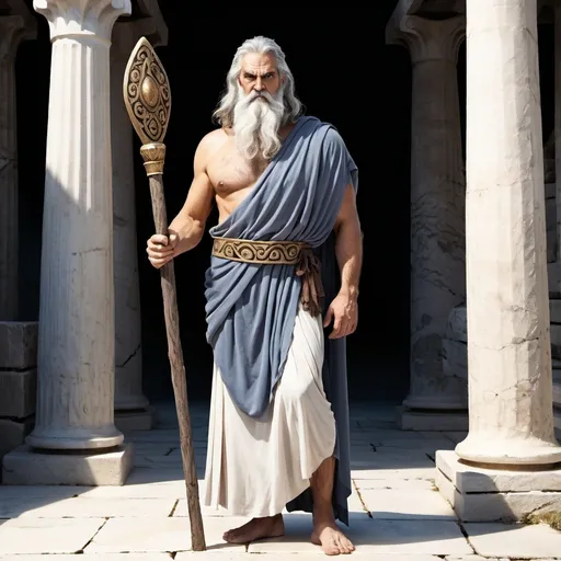 Prompt: Full body, Fantasy illustration of a male Greek, 56 years old, oliv skin, greek toga, long grey hair and beard, pensiv expression, absent look, holding a wooden wizard staff, high quality, rpg-fantasy, detailed, ancient Greek Agora, illustrated, art, painting 