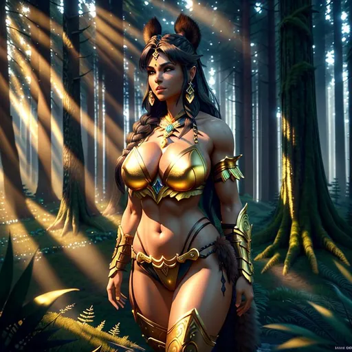 Prompt: {wide angle} {long shot} {center shot} 3D, HD, Fantasy, Mystical, Dreamy, ({Middle-aged}female as Barbarian) {facing camera}, Expansive Magical Forest background, ultra-detailed, backlit, shadows, ultra-sharp focus, detail, ominous, symmetrical, golden ratio, intricate, cinematic character render, unreal engine 5, 64K --s98500