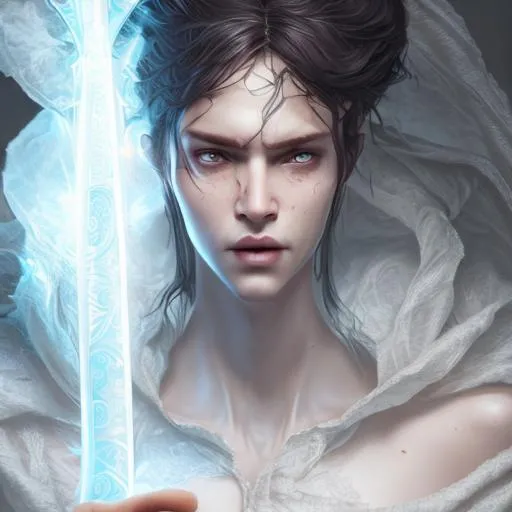 Prompt: incredibly beautiful male wizard with sword in hand, flowing black hair, extremely beautiful figure, flowing white cape, body hugging clothes, full body portrait, cinematic, dramatic lighting, unreal engine 5, 8k, Highly realistic. Volumetric lighting. Light halation, Artwork by Guweiz, Peter Mohrbacher, Artgerm and Mark Brooks, unreal engine 5 highly rendered, epic composition, motion blur. Glim lighting. Highly realistic.