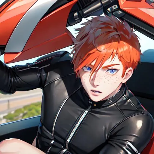 Prompt: Erikku male (short ginger hair, freckles, right eye blue left eye purple) muscular, riding a motorcycle. UHD, 8K, Highly detailed, wearing biker gear, driving on the freeway, close up shot of the motorcycle, insane detail, best quality, high quality