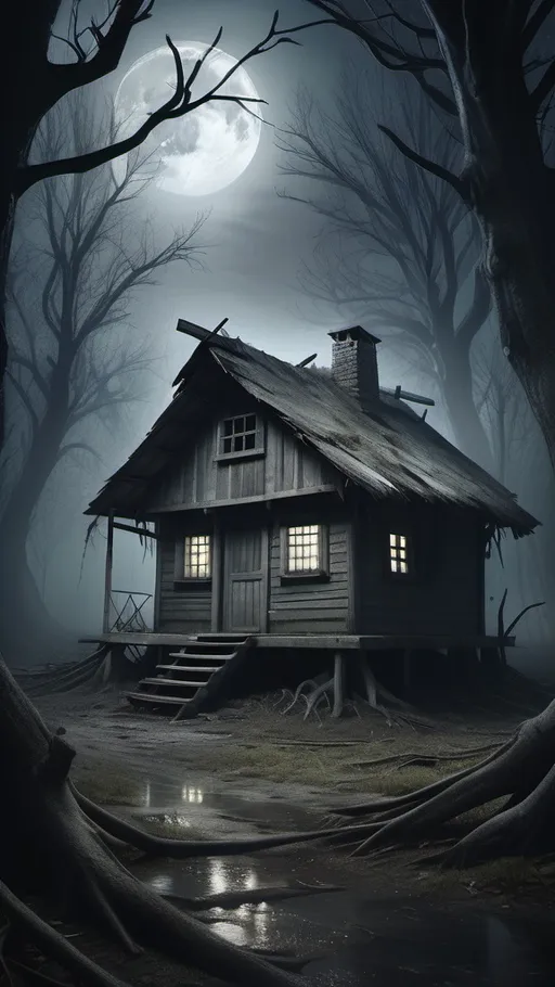 Prompt: photorealistic, dilapidated hut, dark gloomy forest, crooked trees, dim moon light, misty atmosphere, soft shadows, delicate mist swirling above the ground, ultra-detailed textures, capturing the essence of fear and despair, high quality