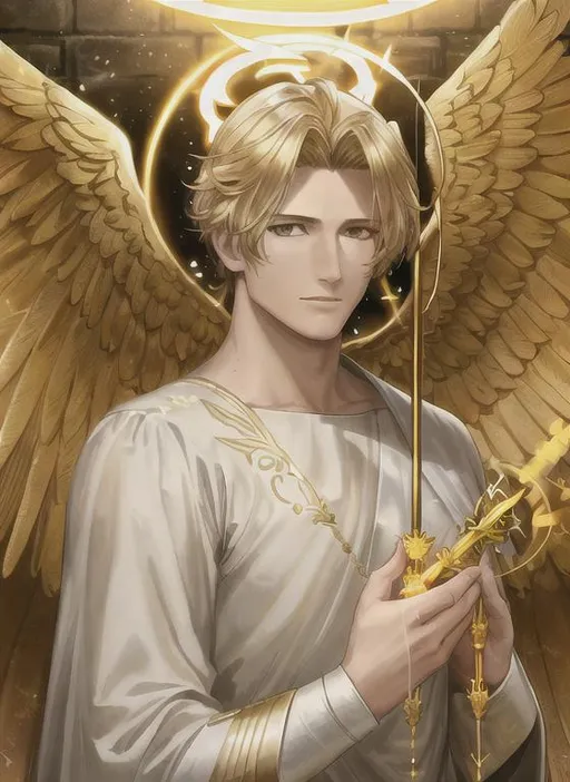 Prompt: Angel, halo, radiant golden light, seraph, six wings, photo realistic, Male, warrior, ancient, wallpaper, St michael, catholic, archangel, handsome, Male face, masculin face, 37 years old, Spears, fire, 16k, full body picture