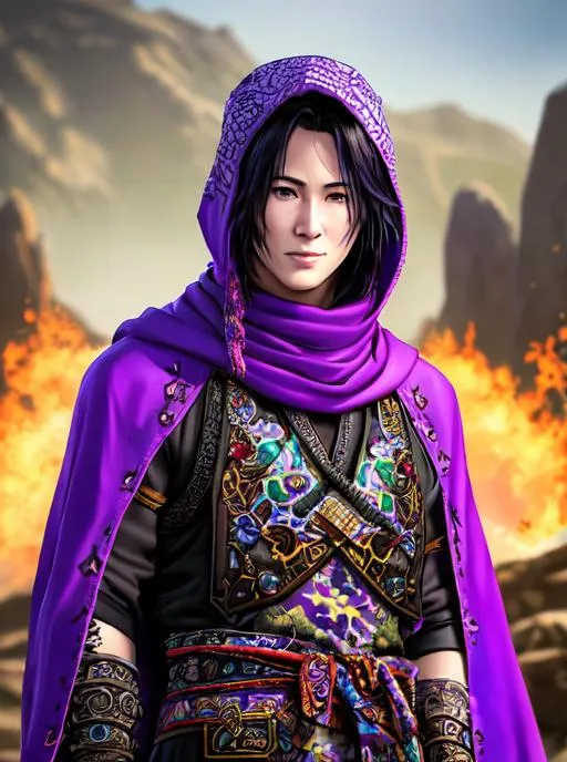 Prompt: World of Warcraft art style, A highly realistic and extremely detailed face full body portrait. Holding a weapon in both hands. Wearing a purple cloak over a his vagabond samurai kimono that he wears under and also Wearing an intricate patterned bandana on his head and Wearing a Cotton Shemagh Tactical Desert Scarf Wrapped on his neck. The character should be modeled after keanu reeves,  a fantastical Ronin young prince with handsome long, messy, and wavy silvery black hair, thin arched eyebrows, and striking bright orange eyes. A handsome Keanu Reeves male character from Warcraft. The artwork should be created in either 4K or 16K resolution and should be of photo realistic quality."
((Width: 512)), ((Height: 627)))