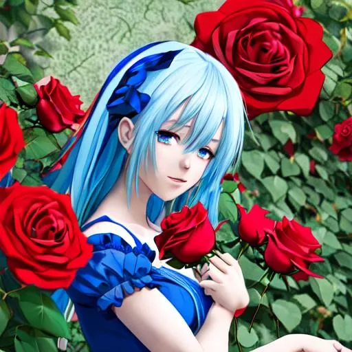 Prompt: 
Anime girl with blue and white hair wearing a red dress in a rose bush with blue and red roses 