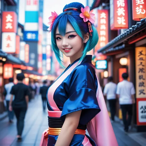 Prompt: realistic photo quality, full body view, cute petite 21 year old anime girl, bright color for hair, detailed facial features with shy smiling expression, in cyber geisha style costume adaptation, detailed clothing elements, highly stylized artstyle, messy abstract neon tokyo hip shopping district background, digital illustration, ultra hd, motion blur, deep depth of field, deep blue color scheme, pastel color scheme