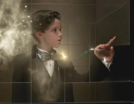Prompt: 13 year old boy in a tuxedo casting a magic spell on someone inside a bathroom stall from the outside of the stall with a magic wand. Don’t show the person inside the stall. Only show the boy in his tuxedo casting the magic spell with his wand, and the bathroom stall with magic spewing everywhere out of the top