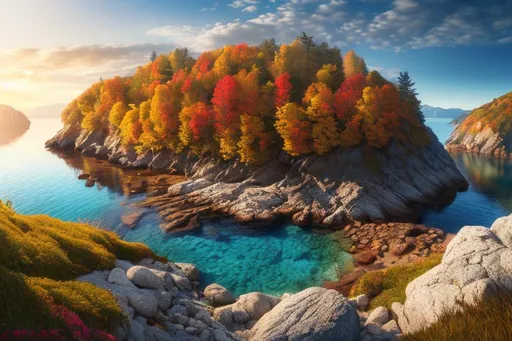 Prompt: The last quiet and warm days of the outgoing autumn near a small bay on the sea, ultra hd, realistic, vivid colors, highly detailed, UHD drawing, pen and ink, perfect composition, beautiful detailed intricate insanely detailed octane render trending on artstation, 8k artistic photography, photorealistic concept art, soft natural volumetric cinematic perfect light