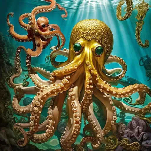 Prompt: that octopus dressed like jesus on the corner playing eight necked guitar surrounded by flying cherubs all in gold encrusted with emeralds