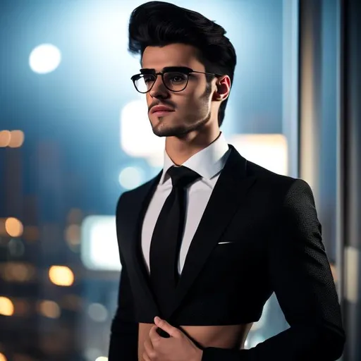 Prompt: a 2k hdr photo of an attractive long hair 21-years old tired man with a six pack abs and glasses wearing a crop top black long sleeve business suit with a black necktie and black business suit pants, he also has a bare midriff and a bare navel, sore abs, (bedroom background), nighttime, 4k, sideview, ((high quality)), ((highly detailed))