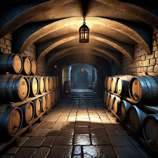 Prompt: dark fantasy RPG style ultra realistic dark medieval cellar, detailed stonework, ultra realistic textures, dim torchlight, detailed wooden barrels, eerie atmosphere, highres, dark fantasy, rugged textures, gloomy ambiance, realistic shadows, ancient architecture, mysterious shadows, immersive, gritty, detailed props, dark mist, detailed lamp, cellar in shade, atmospheric light