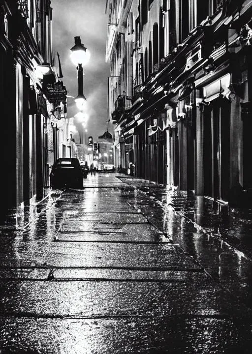 empty street night raining wet asphalt old town yell... | OpenArt