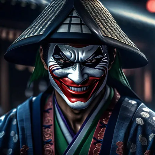 Prompt: Portrait of {  Ninja joker} in  {edo era Japan}, perfect composition, hyperrealistic, super detailed, 8k, high quality, trending art, trending on artstation, sharp focus, studio photo, intricate details, highly detailed,happy face, by greg rutkowski