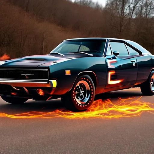 Prompt: Please Create a modified dodge charger 1970
 car 6000 horse power with fiery road  background