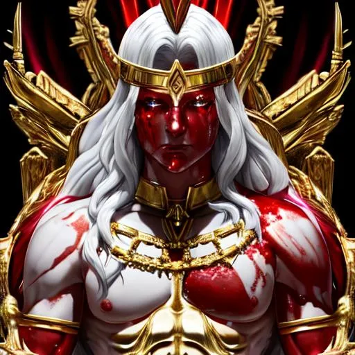 Prompt: clear skin, bleeding minerals, blood, red, gold, god-like figure, diety, divine, evil, on a Throne, War captain