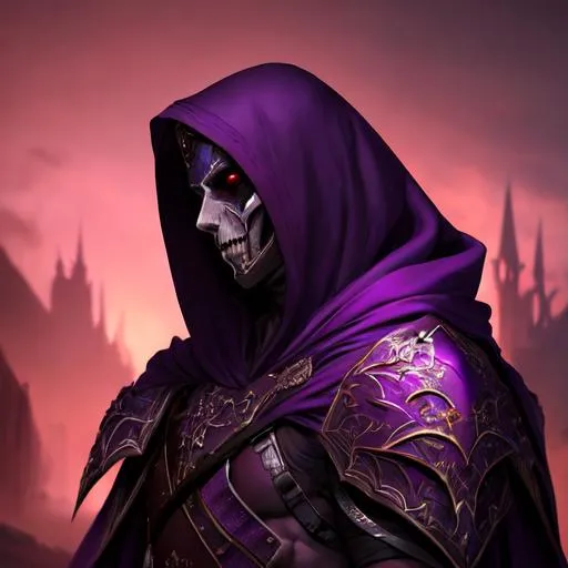 Prompt: Cinematic art of a gorgeous young man, in the robe armor, good shape, ambient dark purple lighting, vivid color, side view, in the battle field background with army of undead, Shaddy Safadi style, 64K, hyper detailed, trending on artstation, necromancer, hood, masked, muscular