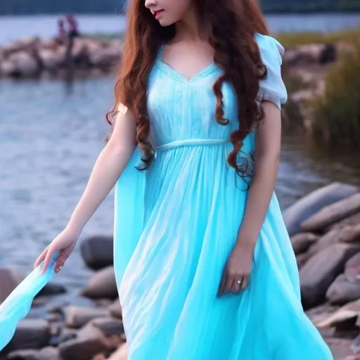 Prompt: Natural light long white dress long hair walkimg near lake in mountain show the face