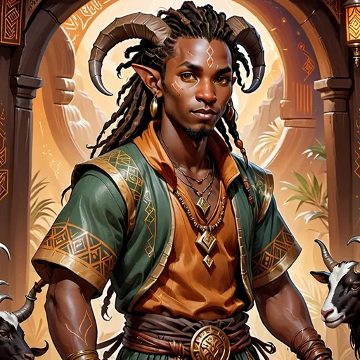 Prompt: D&D-themed digital illustration of an African-inspired person with lower torso of goat, with dreadlocks include mid sized horns, Asian-inspired attire, detailed facial features, intricate clothing patterns, high quality, digital painting, fantasy, warm earth tones, detailed facial features, intricate clothing patterns, mystical, ambient lighting