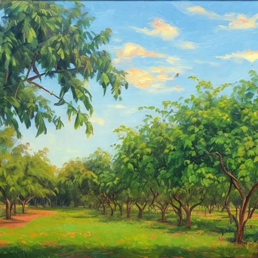 Prompt: Summer afternoon on mango grove in oil