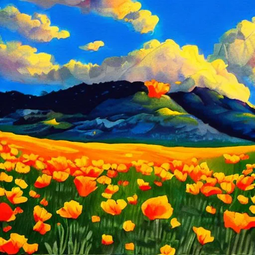 Prompt: Pintura en papel en gouache de paisaje de California con flores poppies, muchas, colores cálidos, vibrantes, detallado, con nubes, y un perro husky blanco
