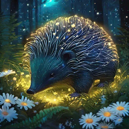 Prompt: A fantasy translucent echidna that is glowing, in a forest clearing surrounded by daisies and ferns, beneath the stars, bioluminescent, highres, best quality, concept art