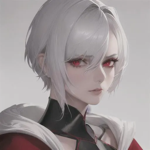 Prompt: "A close-up photo of a handsome girl with short pixie style hair, white hair, red eyes, wearing a kings robe, in hyperrealistic detail, with a slight hint of disgust in her eyes. His face is the center of attention, with a sense of allure and mystery that draws the viewer in, but her eyes are also slightly downcast, as if a sense of disgust is lingering in her thoughts. The detailing of his face is stunning, with every pore, freckle, and line rendered in vivid detail, but the image also captures the subtle emotions of disgust that might lie beneath her surface."