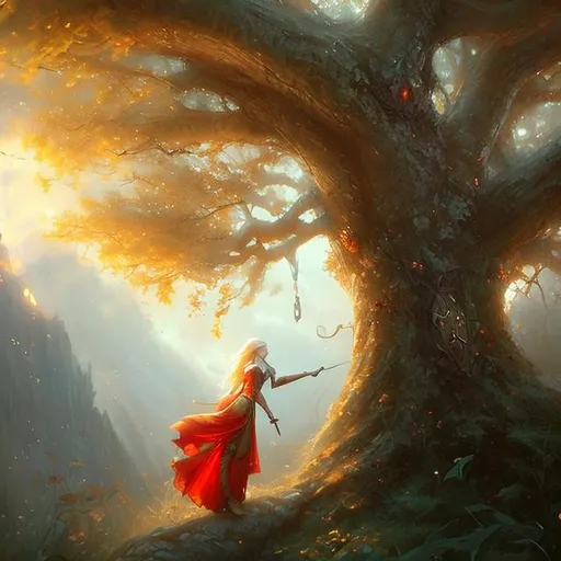 Prompt: beautiful princess, medieval, long red dress, blonde hair. climbing a tree, style of Alayna Lemmer