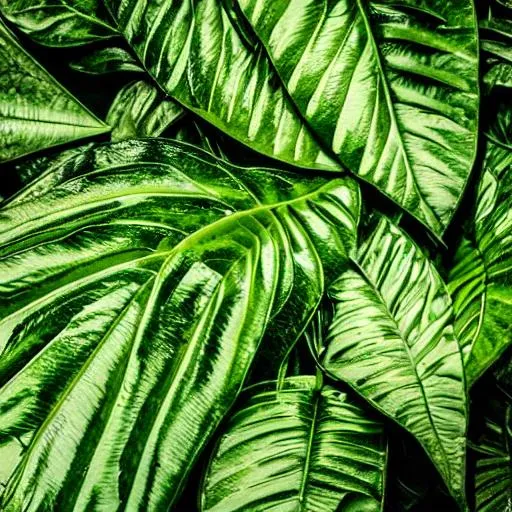 Prompt: photo of a jungle, large leaves all dark green, intricate vines, black background. all dark green 