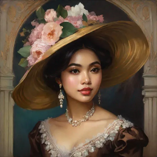 Prompt: (painting) pretty young Indonesian woman, 25 year old, (round face, high cheekbones, almond-shaped brown eyes, small delicate nose),  Victorian dress, floral hat, fine art painting by Charles Fremont Conner, cgsociety, gothic art, detailed painting, elegant, feminine