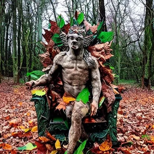 Prompt: Gubriathan, god of animals, and protector of nature on a throne of leaves
