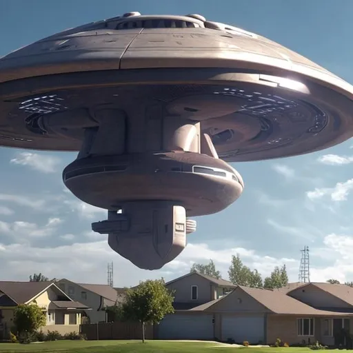 Prompt: seen from ground by girl in suburban neighborhood in 8k, A huge spaceship from the future hovers over the earth, in daylight 