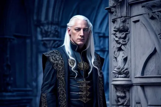 Prompt:  8K, HD, 3D, portrait of young Jason Isaacs as Lucius Malfoy, handsome male, noble handsome male, dynamic pose,pale beautiful face, grey stunning eyes, delicate face, extra long white straight hair, elegant green wizard clothes, intricate, detailed, charming male, light contrast, noble, perfect anatomy, gothic dark room ambient, perfect male beauty, golden ratio