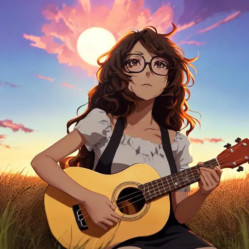 Prompt: A high quality anime woman with a anime face sitting in a meadow in the sunset with a glow behind her, has black eyes and big frizzy brown hair and wheat-color skin, wearing a half-face glasses, looking to the sky, playing ukulele