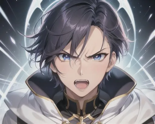 Prompt: Close-up portrait of a {male}, male, guy, symmetrical, anime wide eyes, short hair, soft lighting, detailed face, takashi takeuchi, concept art, digital painting, looking into camera, fate, powerful, angry, energy, shouting, open mouth, fangs, blue eyes, black hair, anime face marks
